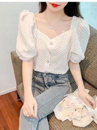 Women's Blouses Summer Korean Bubble Sleeves Folded Casual Short Shirt Fashion Solid Color Design Feels Slim Top Trendy