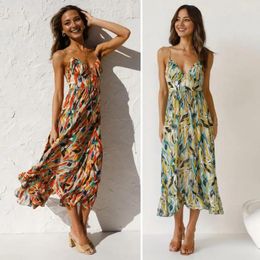 Casual Dresses Women Slip Dress Loose Fit Colorful Print V Neck Beach With Back Zipper Spaghetti Straps Vacation For Summer
