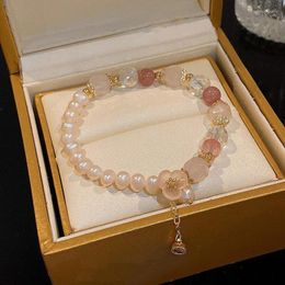 Strand Pink Crystal Bead Bracelet With Flower Pendant Fashion Imitation Pearl Bracelets Bangles For Women Girls Wedding Jewelry