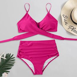 Women's Swimwear Summer Sexy Push Up Padded Bra Swimsuit Women Two Pieces High Waist Solid Color Bikinis Swimsuits Bathing Suits Beach Swim