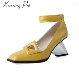 Dress Shoes Krazing Pot Cow Leather Square Toe High Heels Sweet Shallow Summer Spring Concise Dating Elegant Office Lady Women Pumps