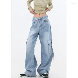Women's Jeans 2024 Spring Vintage High Waist Street Style Blue Straight Pockets Pants Wide Leg Baggy Denim Trouser