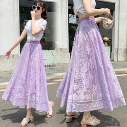 Skirts Lace Midi Skirt Woman Solid Colour Hollow Out Maxi Long Black Womens Pleated Korean High Waist Jupe Saias Lining