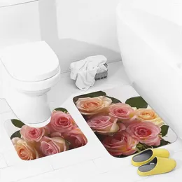 Bath Mats Bathroom Rugs Sets 2 Piece Roses Flower Absorbent U-Shaped Contour Toilet Rug