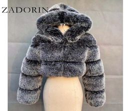 ZADORIN High Quality Furry Cropped Faux Fur Coats and Jackets Women Fluffy Top Coat with Hooded Winter Fur Jacket manteau femme LJ8022811