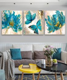 3pcsset Modern Abstract Canvas Wall Art Blue Flower and Winged Butterfly Wall Painting Decoration Flower Canvas Poster4248243