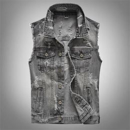 Mens Spring/Summer Autumn Ripped Denim Vest Youth Grey Motorcycle Casual Lapel Denim Jacket 240520