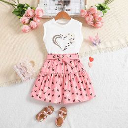 Clothing Sets Girls Summer New White Sleeveless Top + Pink Shorts Butterfly Pattern Casual Vocation Cute Childrens Top And Bottom Clothes Set Y2405201WUA