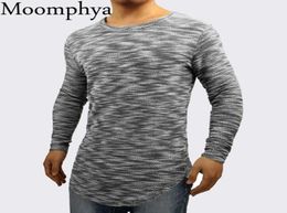 Moomphya 2018 New Design Men long sleeve stylish t shirt Longline curve hem Jacquard pattern wrinkles hip hop Slim Fit tshirt T207362841