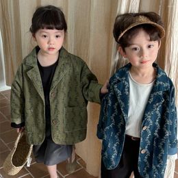 Jackets 2024 Spring Children Blazer Coat Vintage Print Baby Girls Clothes Toddler Boys Clothing Korean Style Kids Jacket 1 To 8 Years