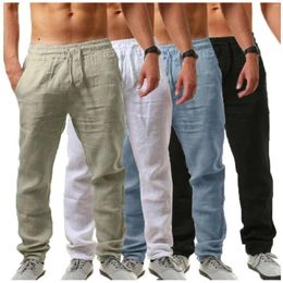 Men's Pants Cotton Linen Male Autumn Breathable Solid Color Loose Trousers Fitness Streetwear Casual Drawstring Pant For Men