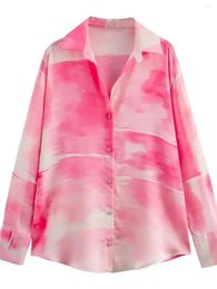 Women's Blouses XNWMNZ 2024 Women Fashion Satin Tie Dyed Printed Shirt Vacation Style Lapel Long Sleeve Front Button Female Chic Blouse
