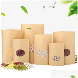 Packing Bags Wholesale 100Pcs/Lot Kraft Paper Stand Up Reusable Sealing Food Pouches With Window For Storing Cookie Dried Package Drop Dhz0O