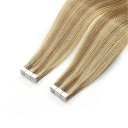 tape in Hair Extensions 40Pcs 100G 14-24inch Highlight Medium Brown and Platinum Blonde Invisible Remy Hair