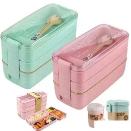 Lunch Boxes Bags Wheat St Box For Kids Tuppers Food Containers School Cam Supplies Dinnerware Leak-Proof 3 Layer Bento Boxes Drop De Dhgyo