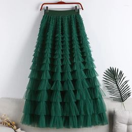 Skirts Tulle Pleated For Women 2024 Spring Summer Ruffles A Line Irregular High Waist Mesh Maxi Long Female Tutu Solid