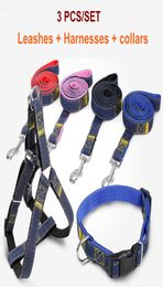 3pcslot Pet Dog Leashes Sets with Harnesses Collars Denim Heavy Duty Cloth Strap Puppy Cat for Outdoor Walking3507407