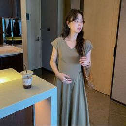 Summer Short Sleeve V-Neck Pregnant Woman Long Loose Casual Empired Korean Style Plus Size Maternity Dress Black Khaki L2405