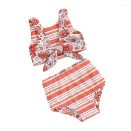 Clothing Sets Baby Kids Girl Two Pieces Swimsuits Summer Striped Floral Print Knotted Tankini And Elastic Shorts Set Bikini Bathing Suits