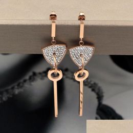 Stud New Fashion Fl Diamond Shield Heart Pierced Ring Hanging Key Rose Gold Ear Nail Mud Earrings Drop Delivery Jewellery Otljc