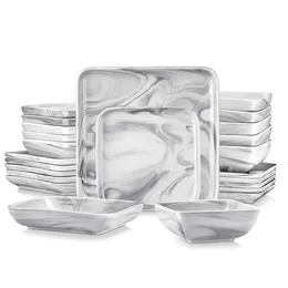 Plates MALACASA And Bowls Sets 24-Piece Porcelain Dinnerware For 6 Marble Grey Dish Set Square With Dinne