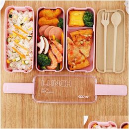 Lunch Boxes Bags Healthy Material Box 3 Layer 900Ml Wheat St Bento Boxes Microwave Dinnerware Food Storage Container Lunchbox Vf0001 Dh9Gz