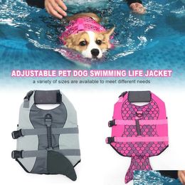 Dog Apparel Pet Life Jacket Safety Clothes Vest Collar Harness Saver Swimming Preserver Summer Swimwear Mermaid Shark Drop Delivery Dhg0N