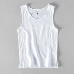Pure Linen Sleeveless White Tank Top Men Summer Solid Breathable Vest Tees Casual Man Vests 240520