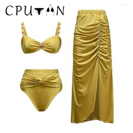 Women's Swimwear CPUTAN 2024 Sexy Yellow 3 Pieces Bikini Set Skirt Women Swimsuit High Waist Beachwear Brazilian BathingSuit Dress