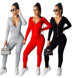 Women zipper hooded Jumpsuits Sexy solid color fashion Rompers casual overalls one Piece Pants Slim Leggings night club wear cloth9563045