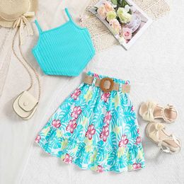 Clothing Sets Girls Dress For 8-12 Years Blue Halter Top Printed Skirt Belt Casual Vocation Party Childrens Top And Bottom Clothes Set Y2405203ABG
