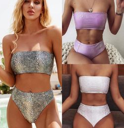 Women039s Swimwear Sexy Women Snakeskin Bikini Set Fashion Tube Crop Top High Waist Thong Swimsuit Beachwear Bathing Suit Summe9713842