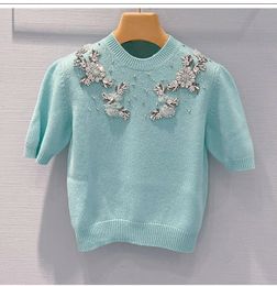 miu Hand knitted short style collar spring summer designer shirts Elegant womens shirts luxury clothing corset shirt Gold coin buckle silk Tassel sequin shirt