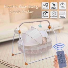 Baby Cribs Electric baby cradle automatic swing sleep swing basket Bassnet newborn crib with MP3 music remote control khaki Colour WX