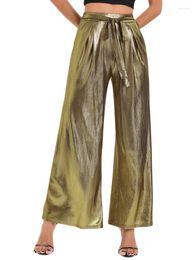 Women's Pants High Elastic Waist For Women Gilding Loose Casual Wide Leg Gold Ankle Length Capris With Pocket Belt Office Work Trousers