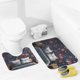 Bath Mats Bathroom Rugs Sets 2 Piece Floral Pattern For Room Absorbent U-Shaped Contour Toilet Rug