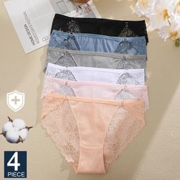 Women's Panties FINETOO 4Pcs Lace Transparents Briefs Sexy Cotton For Women Hollow Out Pants Metal Button Underwear Crotch Brief