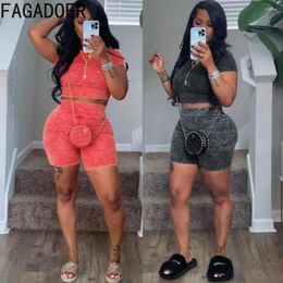 Women's Tracksuits FAGADOER Fashion High Quality Stretch Vintage Tie Dye Biker Shorts Two Piece Sets Women Round Neck Crop Top And Outfits