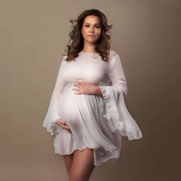 White Chiffon Summer Maternity Photography Props Flare Sleeve See Through Pregnancy Photo Shoot Short Dress L2405