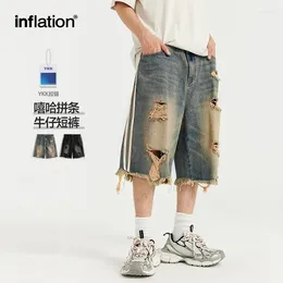 Men's Jeans Hip Hop Patchwork Ripped Denim Shorts Men Trendy Causual Distressed High Quality Wide Leg Pants Cropped Clothing