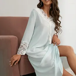 Women's Sleepwear Thin Women Lace Long Sleeve Nightdress V-neck Pure Color Casual Plus Size Home Wear Spring Summer Fashion Pajamas