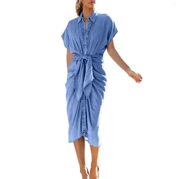 Casual Dresses Vintage Denim Blue Shirt Dress For Women Summer Short Sleeve Ruched Cotton Jeans Office Ladies Lace Up Long