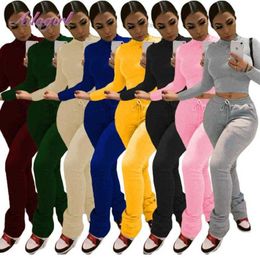 Stacked SweatPants Suit Outfit Joggers Tracksuits Women Workout Two Piece Set Casual Solid Long Sleeve Crop Tops T-Shirt Leggings