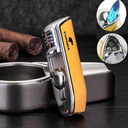 Lighters New COHIBA Metal Windproof Mini Pocket Cigar Light 3 Jet Blue Flame Torch Cigar Light with Cigar Punch Gas Free S24513