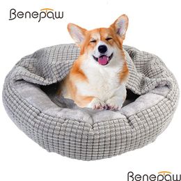 Kennels Pens Benepaw Cosy Dog Bed Hooded Fluffy Orthopaedic Round Donut Pet Cuddler Anxiety Calming Washable Soft Nonslip Puppy Cat Dhskt