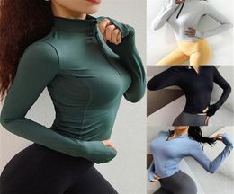 Women Seamless Long Sleeve Half Zip Sweatshirt Thin Shirts Crop Casual Top Thumb Hole TShirt Fitted Gym Running Outfits Clothes4094317