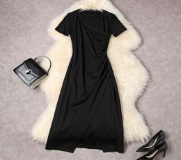 2022 Summer Short Sleeve V Neck Black Solid Colour Lace Panelled MidCalf Dress Elegant Casual Dresses 22W1750142317093