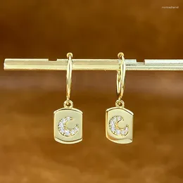Hoop Earrings GRA Real 925 Sterling Silver Zircon Gold Color Rectangular Moon For Women Funny High Quality Fine Jewelry