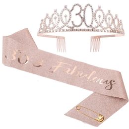 Birthday Party Decoration 18 21 30 40 50 Rose Gold Satin Sash Crystal Crown Tiara Happy Anniversary Supplies 240510