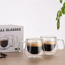 Mugs 2 Double Wall Clear Cups Coffee Craft Beer Heat Resistant Anti-Scalding With Handles Drink